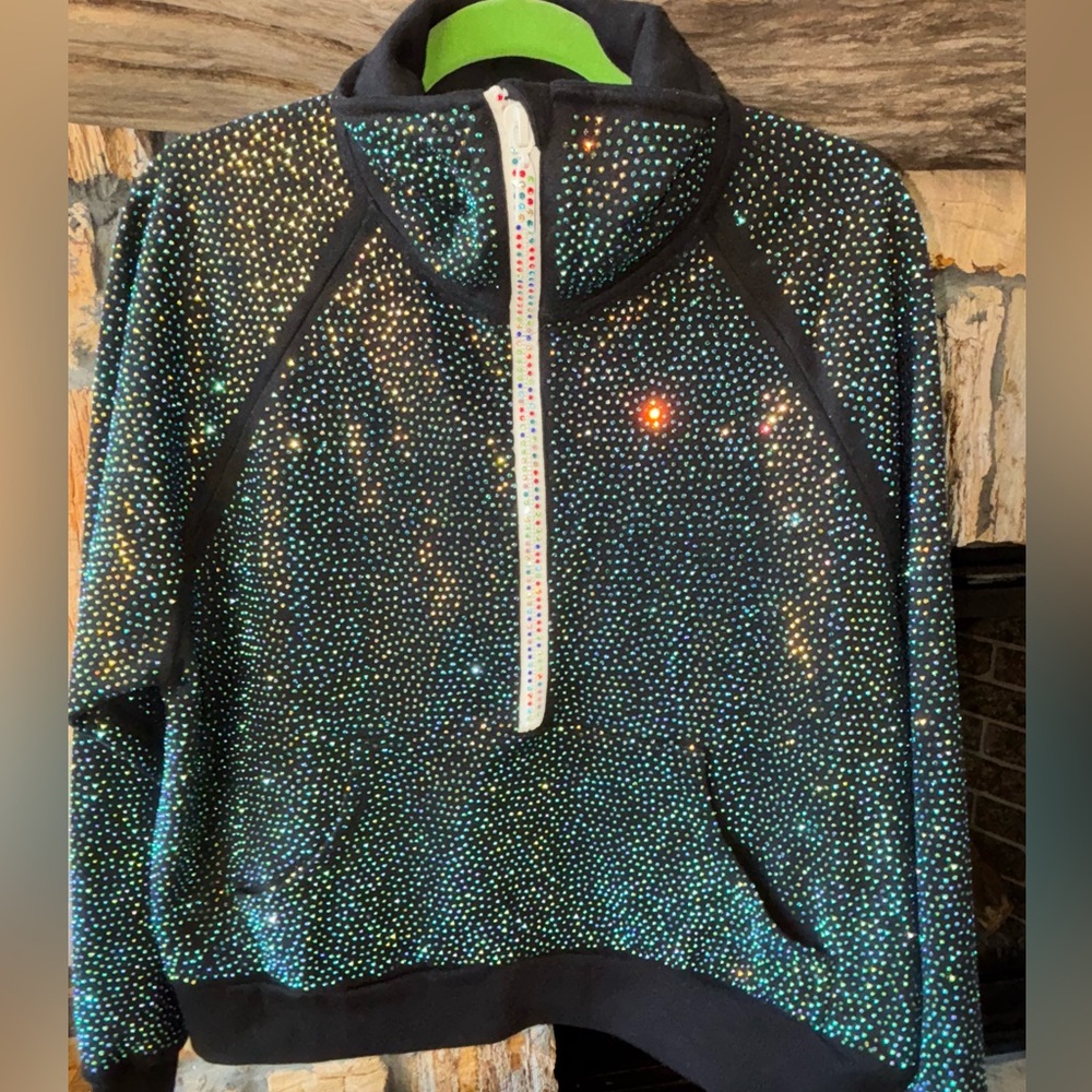 QUEEN OF SPARKLES Black and Multicolor Rhinestone 3/4 zip pullover